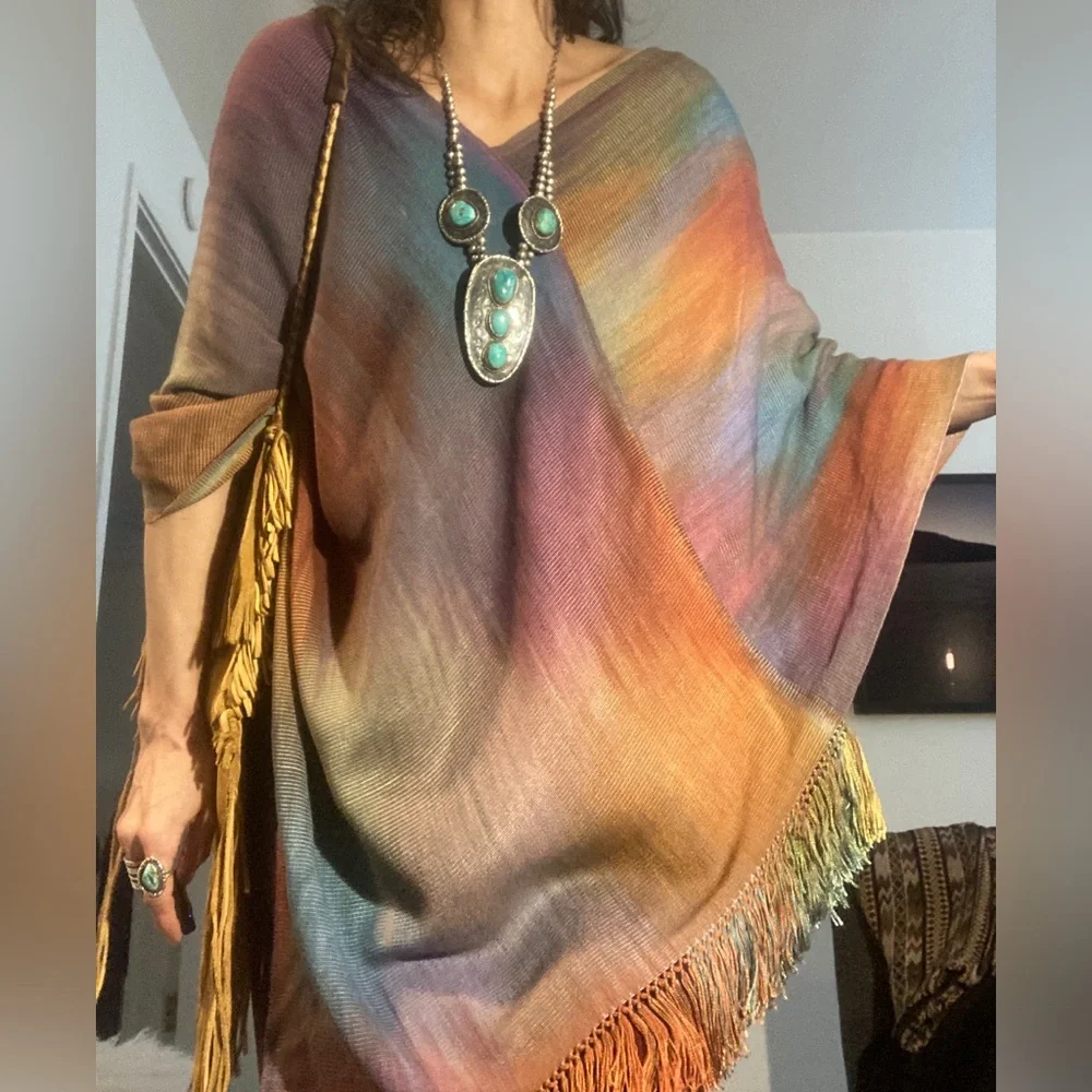 Vtg HAND WOVEN Silk poncho infinity scarf 70’s 60’s rainbow fringe bohemian art - Picture 3 of 5